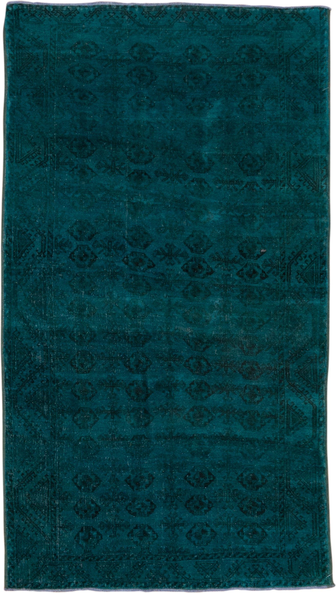 4' x 7' one-of-a-kind handmade antique Overdyed rug. Color palette: teal, peacock, charcoal, gray, black