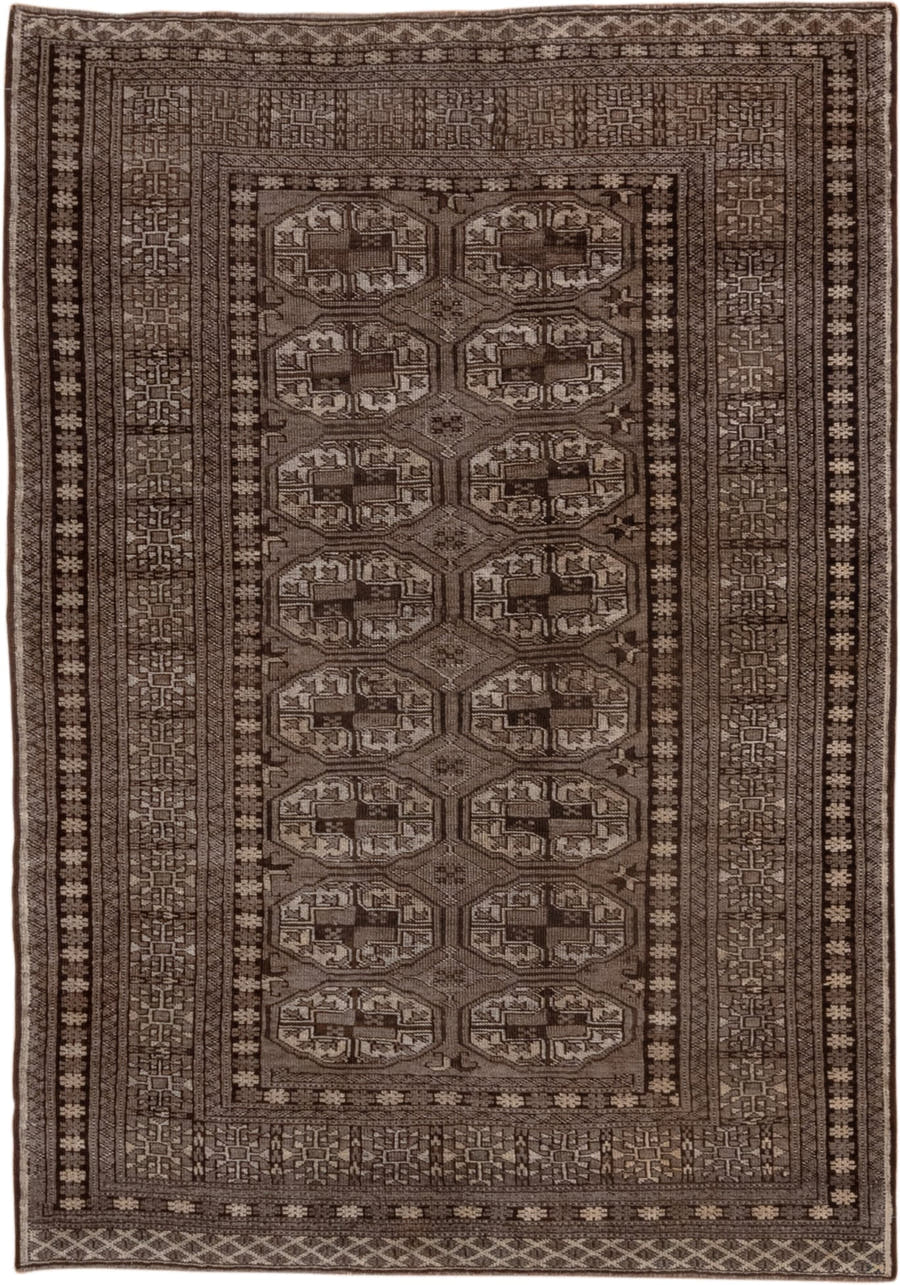 4' x 6' one-of-a-kind handmade antique Afghan small size rug. Color palette: brown, taupe, ivory, camel, charcoal, beige