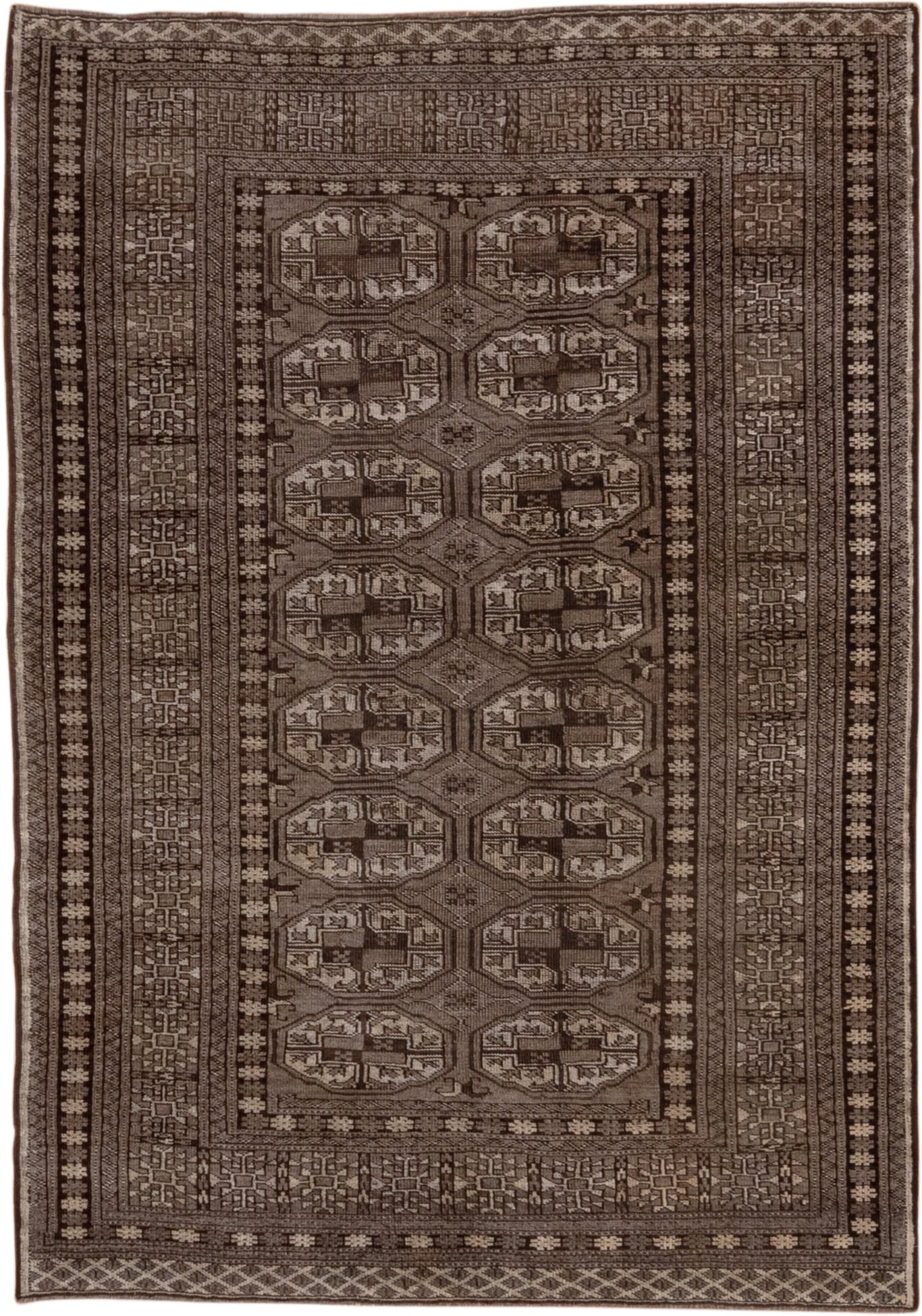 4' x 6' one-of-a-kind handmade antique Afghan small size rug. Color palette: brown, taupe, ivory, camel, charcoal, beige
