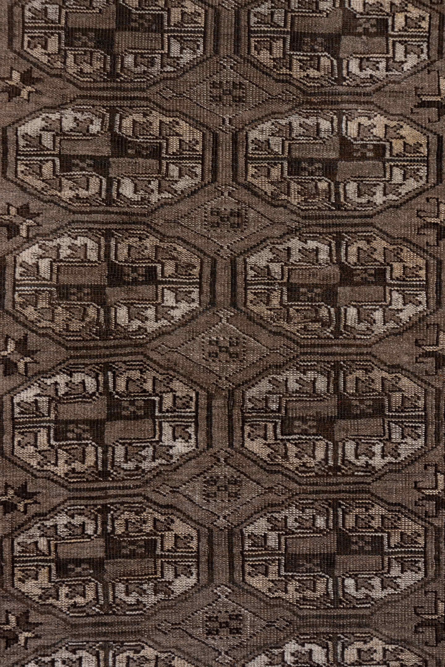 4' x 6' one-of-a-kind handmade antique Afghan small size rug. Color palette: brown, taupe, ivory, camel, charcoal, beige