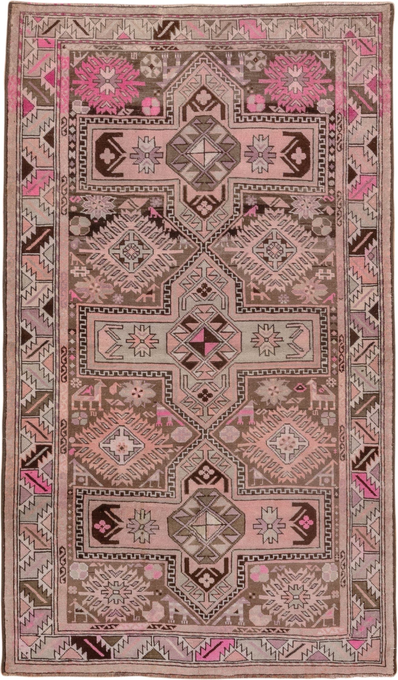 4' x 7' one-of-a-kind handmade antique Karabagh rug. Color palette: taupe, blush, brown, ivory, pink, charcoal, beige, gray
