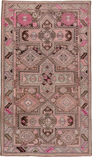 4' x 7' one-of-a-kind handmade antique Karabagh rug. Color palette: taupe, blush, brown, ivory, pink, charcoal, beige, gray