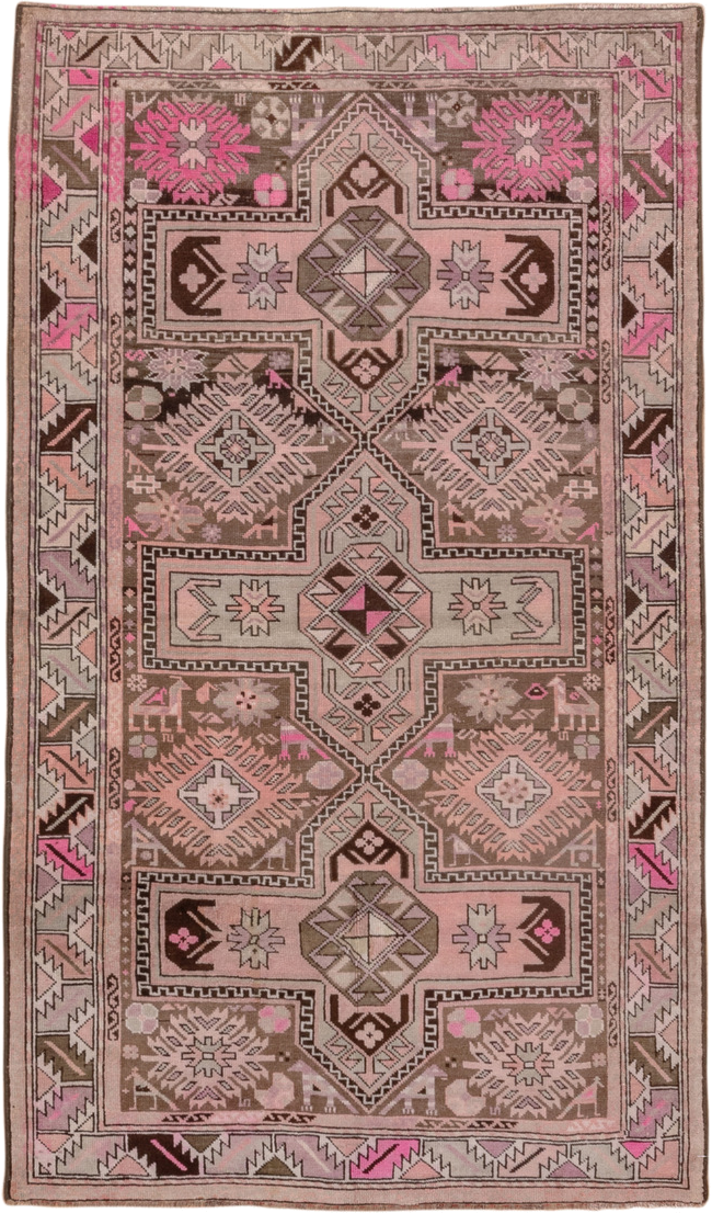 4' x 7' one-of-a-kind handmade antique Karabagh rug. Color palette: taupe, blush, brown, ivory, pink, charcoal, beige, gray