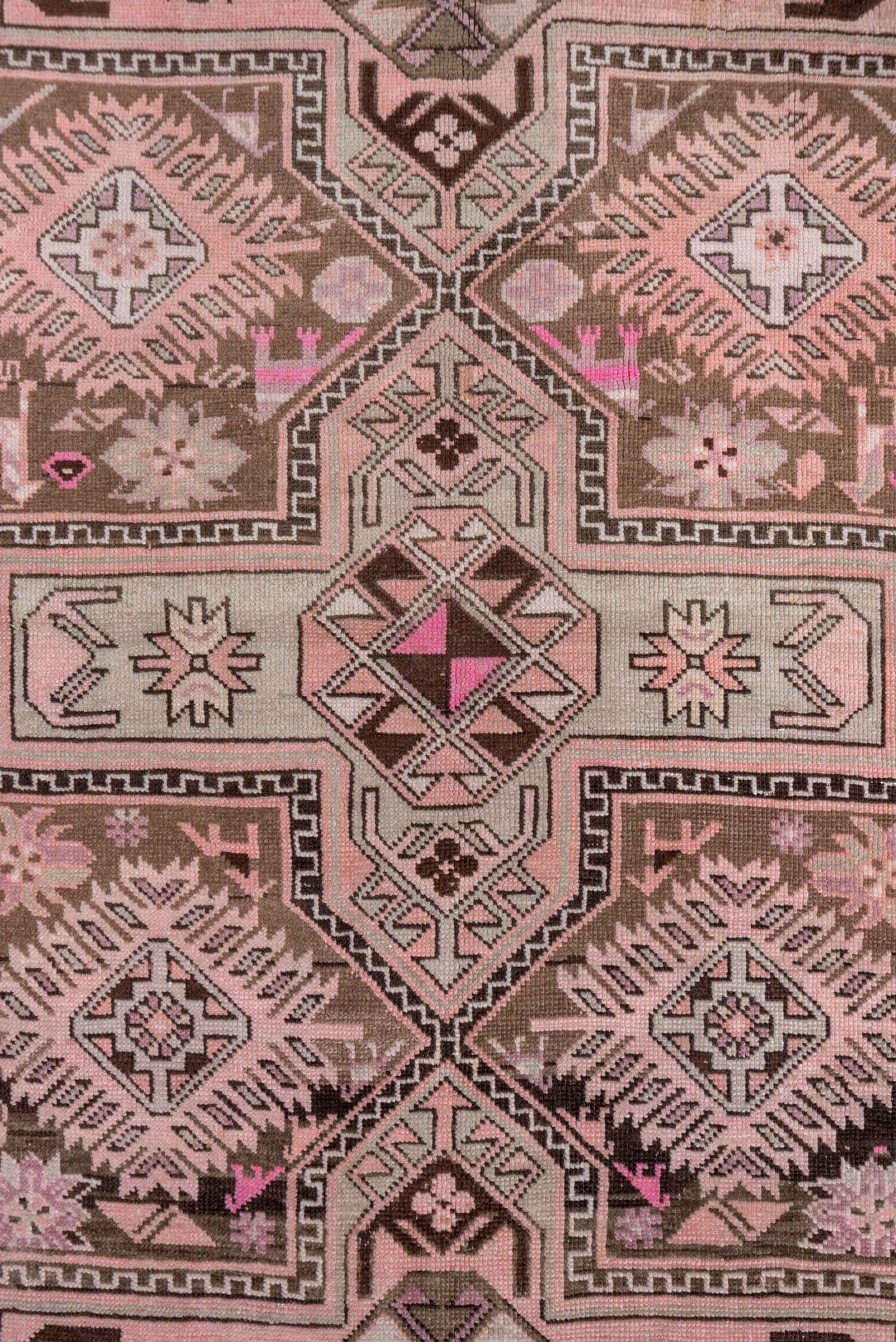 4' x 7' one-of-a-kind handmade antique Karabagh rug. Color palette: taupe, blush, brown, ivory, pink, charcoal, beige, gray