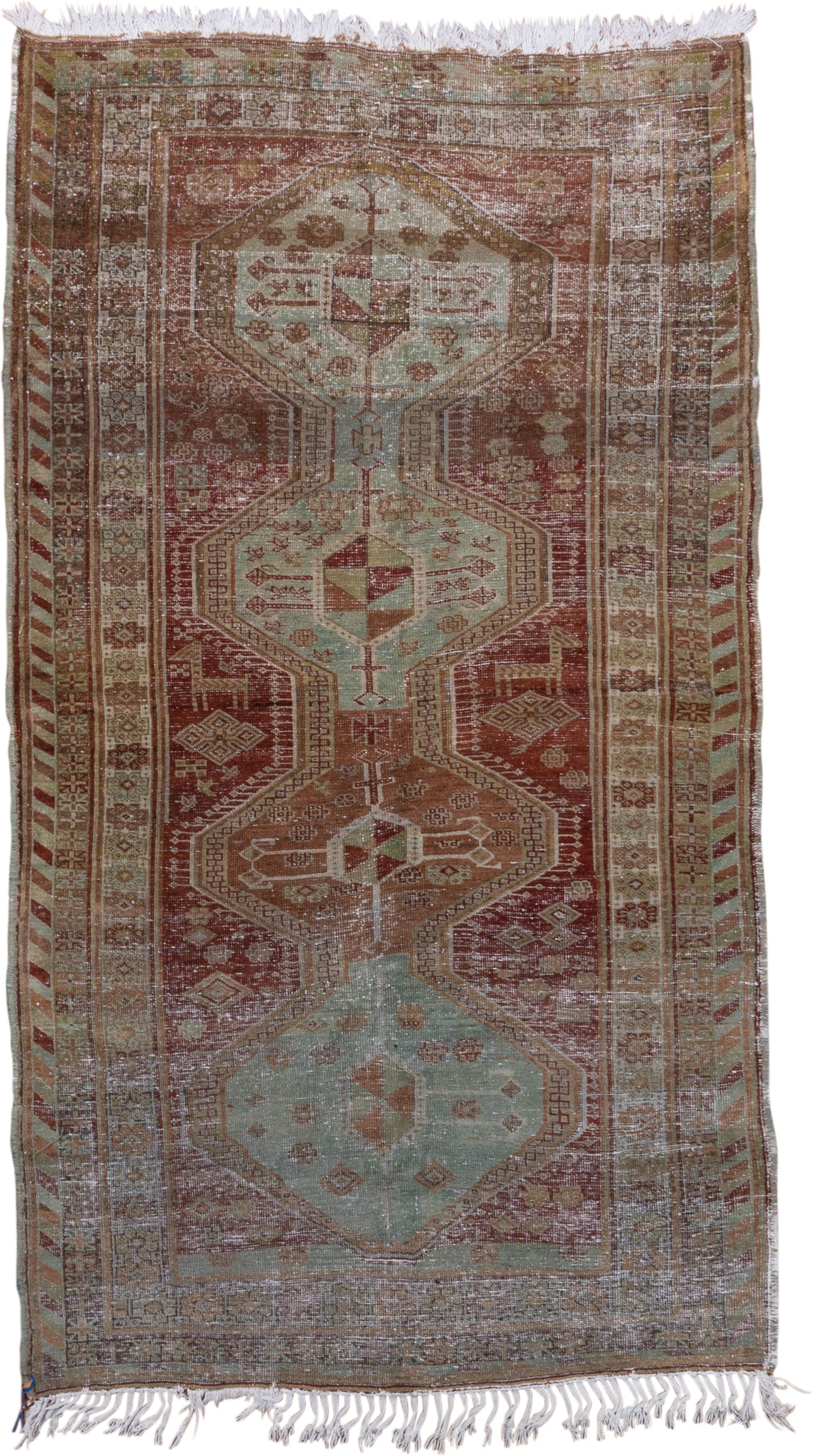 4' x 8' one-of-a-kind handmade vintage Trans Caucasian rug. Color palette: rust, sage, taupe, ivory, terra cotta, brown
