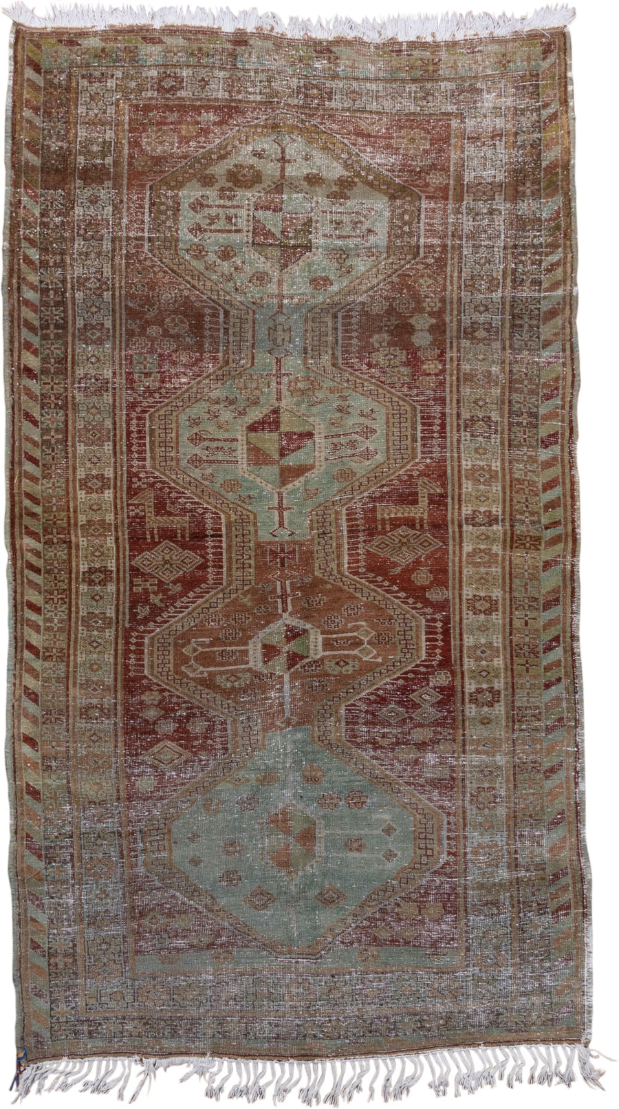 4' x 8' one-of-a-kind handmade vintage Trans Caucasian rug. Color palette: rust, sage, taupe, ivory, terra cotta, brown