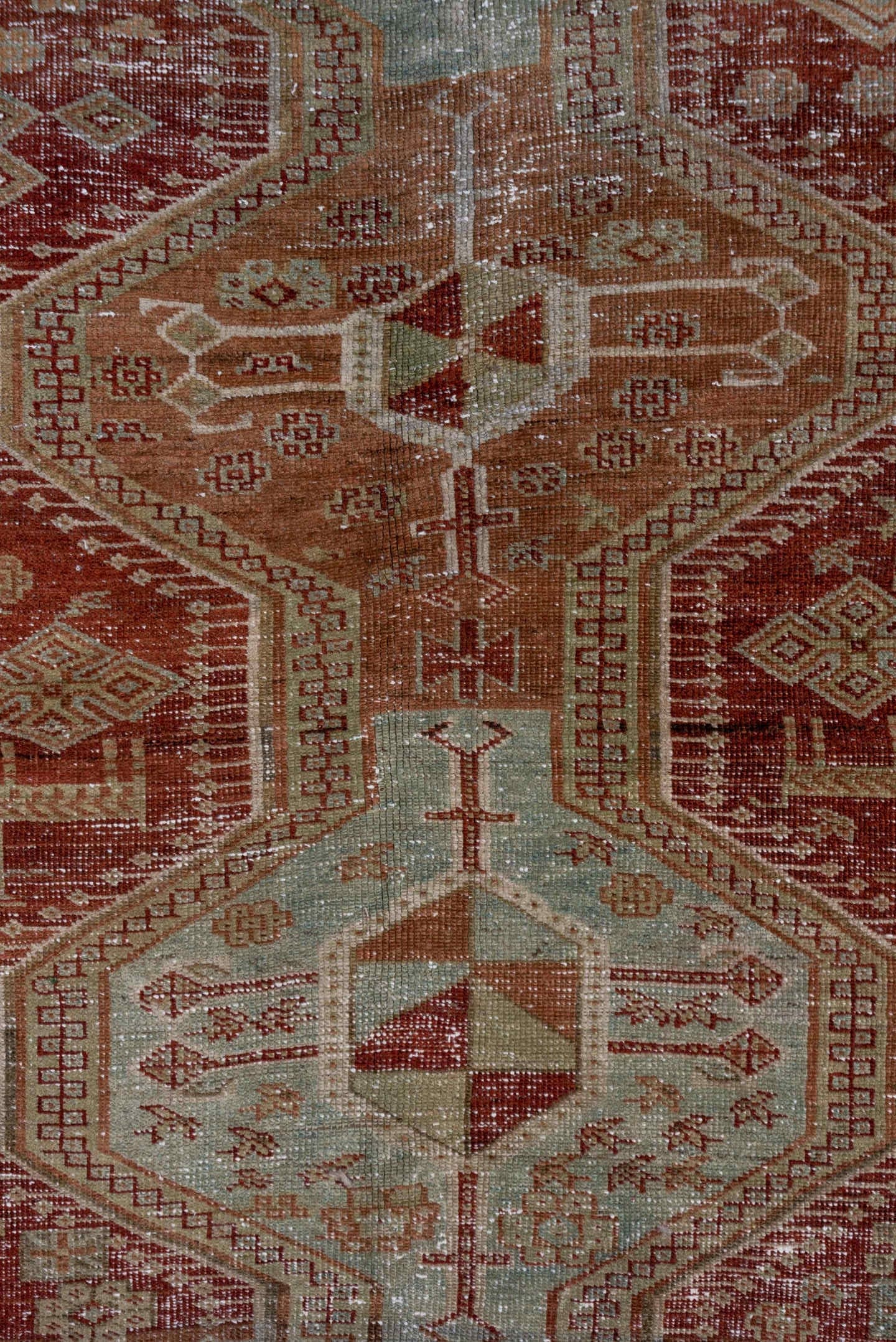 4' x 8' one-of-a-kind handmade vintage Trans Caucasian rug. Color palette: rust, sage, taupe, ivory, terra cotta, brown