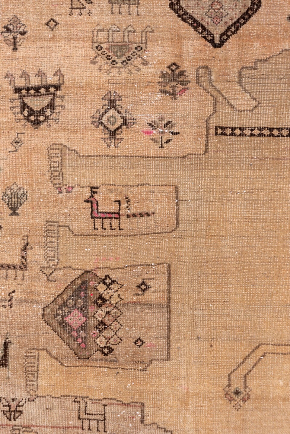 3' x 6' one-of-a-kind handmade antique Gabbe small size rug. Color palette: camel, taupe, brown, rose, ivory, charcoal