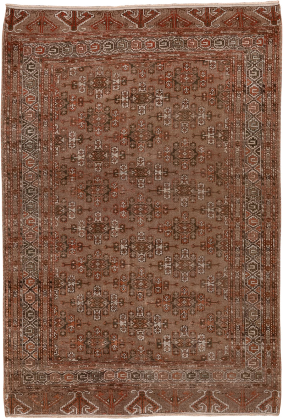 4' x 6' one-of-a-kind handmade antique Torkaman small size rug. Color palette: camel, brown, rust, ivory, taupe, beige
