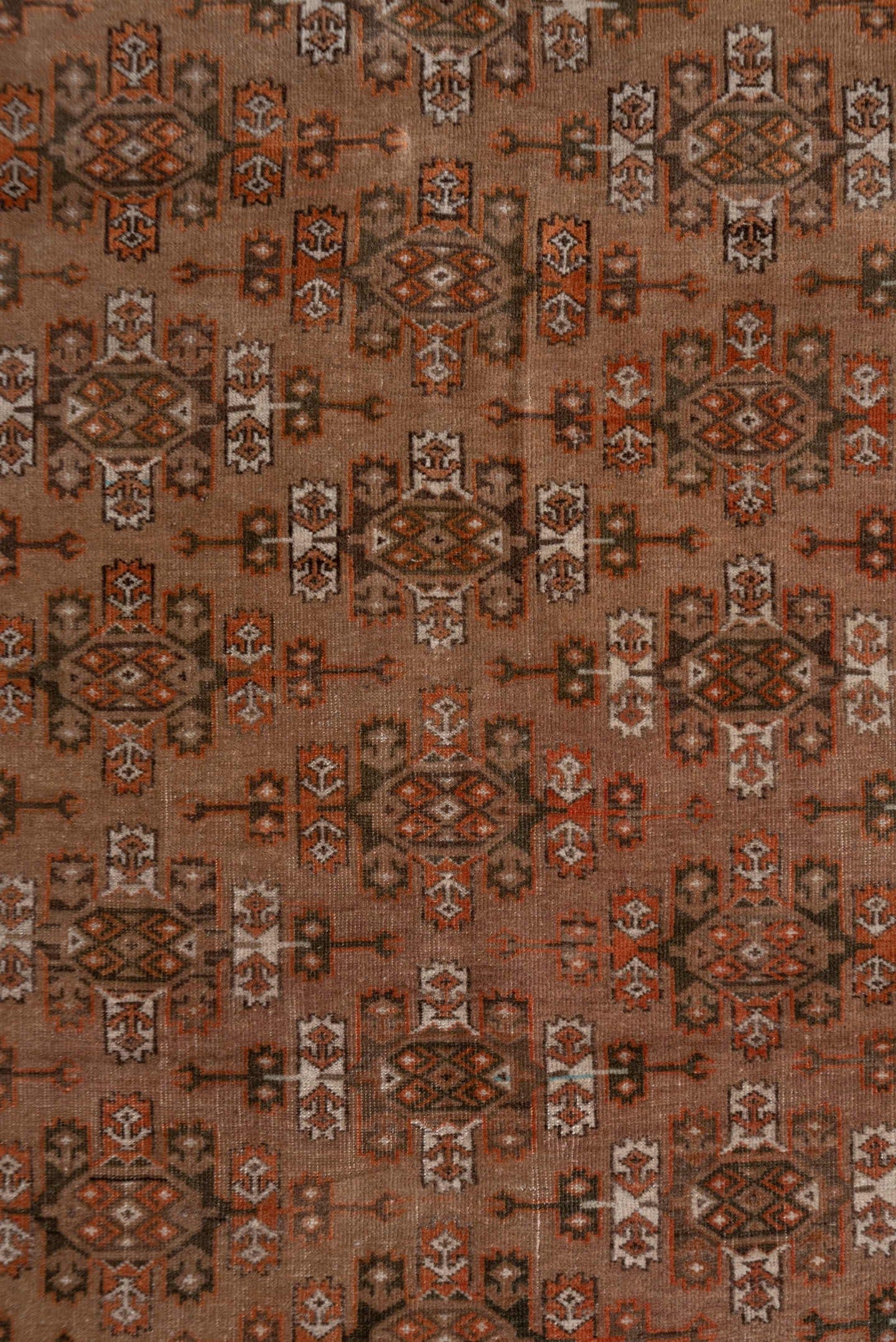 4' x 6' one-of-a-kind handmade antique Torkaman small size rug. Color palette: camel, brown, rust, ivory, taupe, beige
