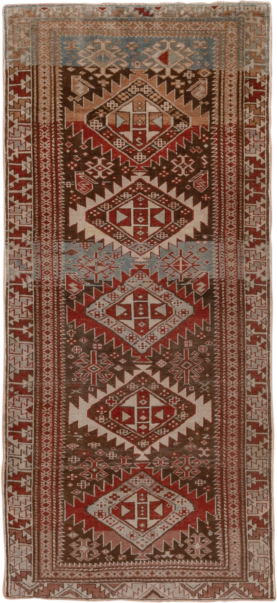 2' x 6' one-of-a-kind handmade antique Shirvan runner rug. Color palette: brown, rust, ivory, pale blue, taupe, brick, camel