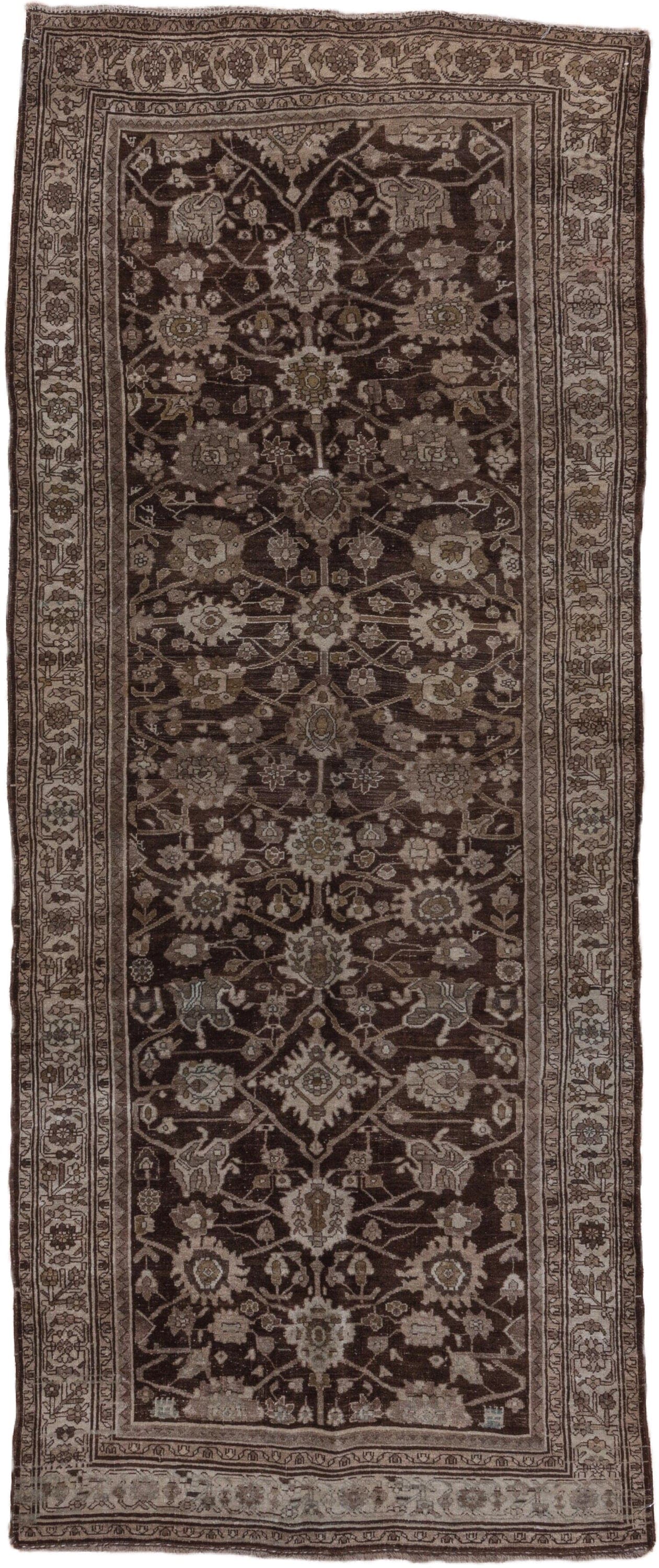 4' x 10' one-of-a-kind handmade antique Bidjar runner rug. Color palette: brown, taupe, ivory, charcoal, olive, beige, gray