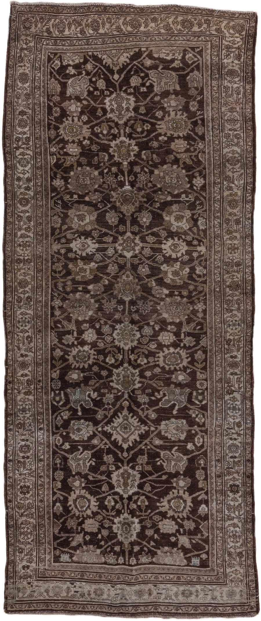 4' x 10' one-of-a-kind handmade antique Bidjar runner rug. Color palette: brown, taupe, ivory, charcoal, olive, beige, gray