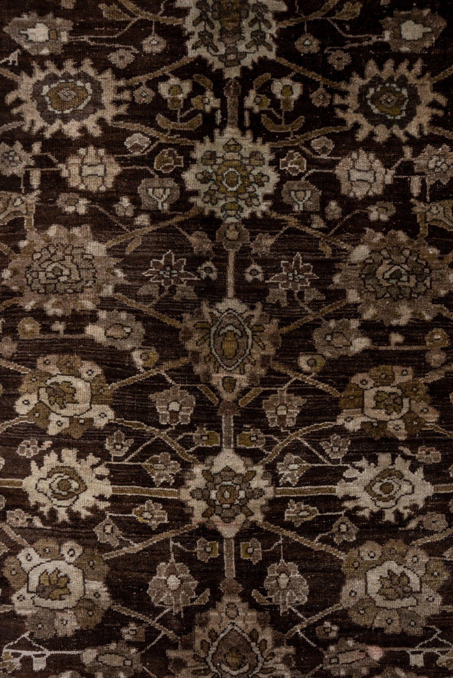 4' x 10' one-of-a-kind handmade antique Bidjar runner rug. Color palette: brown, taupe, ivory, charcoal, olive, beige, gray