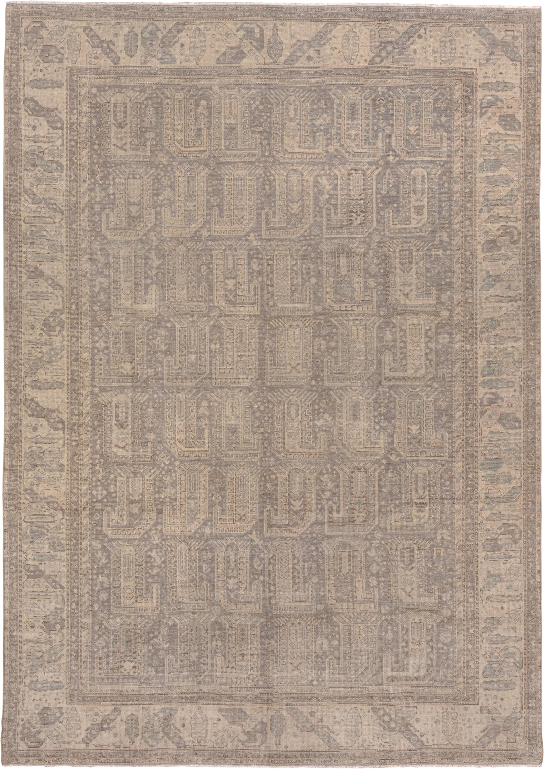 8' x 11' one-of-a-kind handmade antique Sivas large size rug. Color palette: taupe, ivory, beige, stone, pale blue, gray