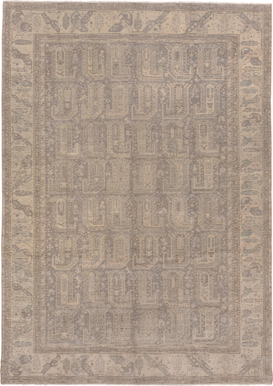 8' x 11' one-of-a-kind handmade antique Sivas large size rug. Color palette: taupe, ivory, beige, stone, pale blue, gray