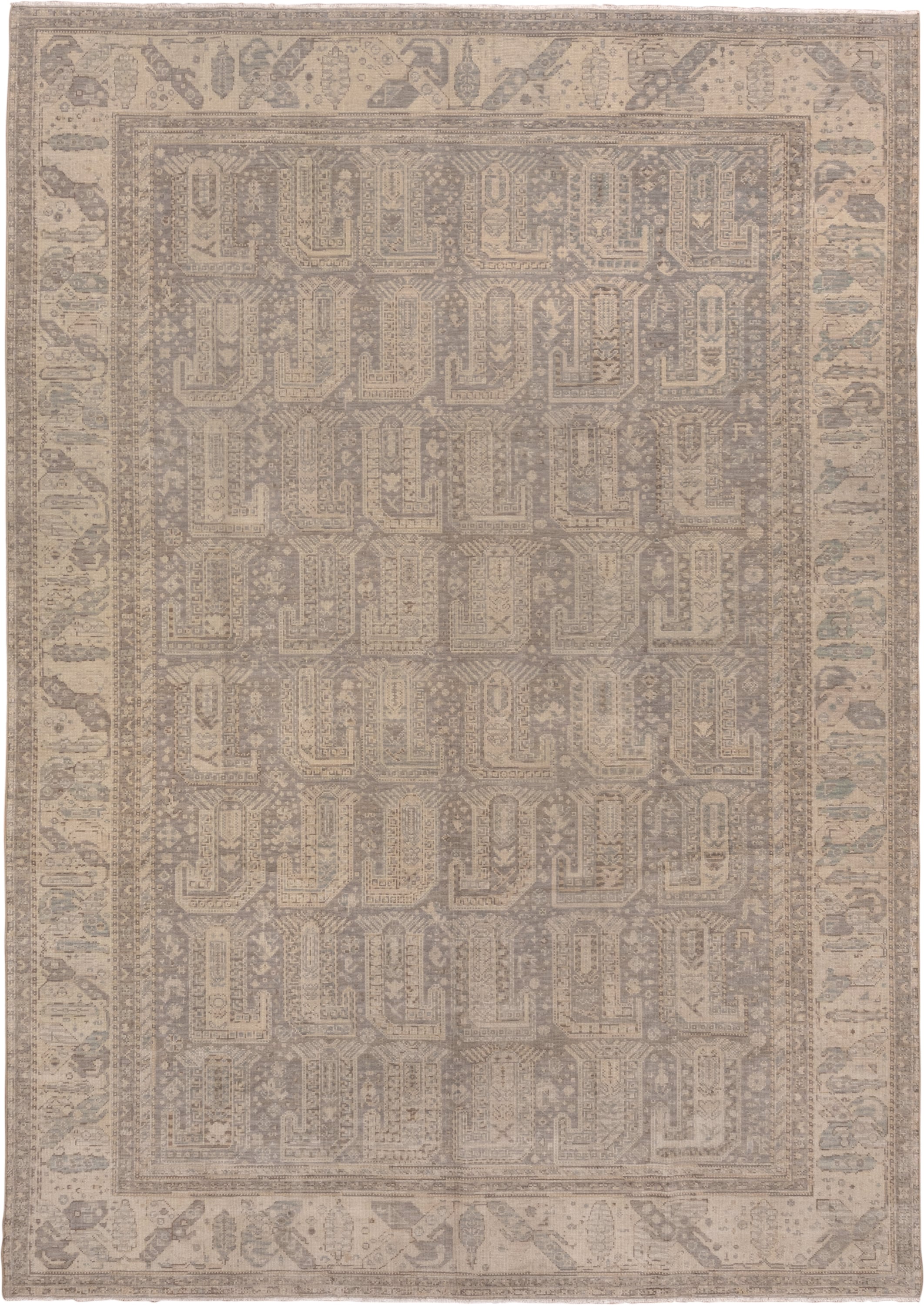 8' x 11' one-of-a-kind handmade antique Sivas large size rug. Color palette: taupe, ivory, beige, stone, pale blue, gray