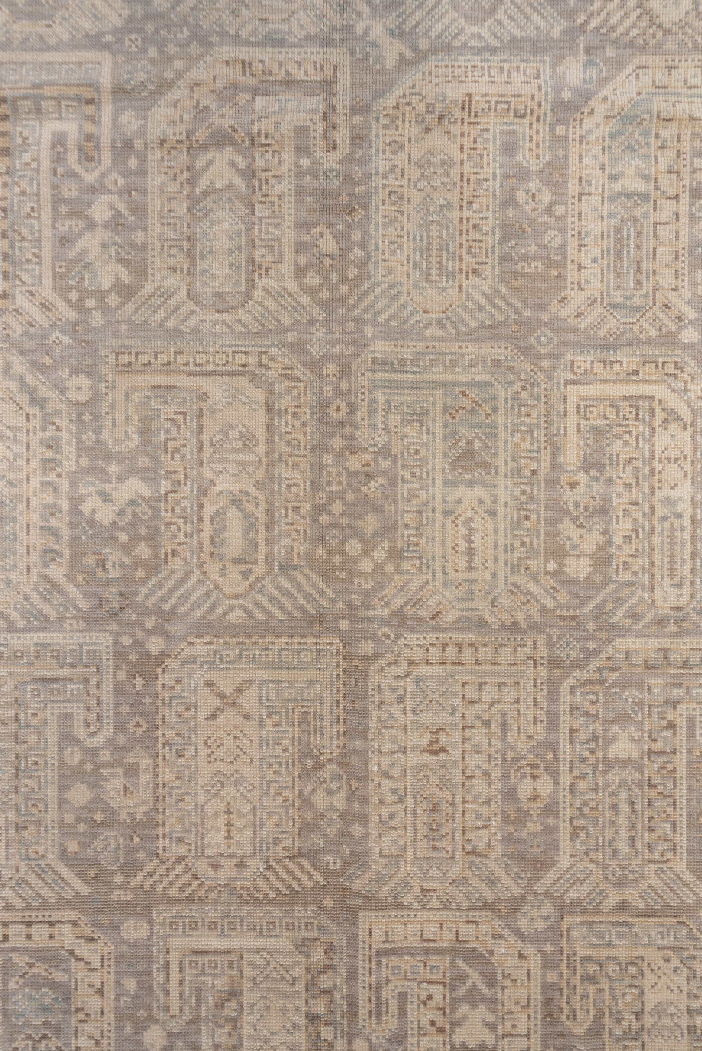 8' x 11' one-of-a-kind handmade antique Sivas large size rug. Color palette: taupe, ivory, beige, stone, pale blue, gray