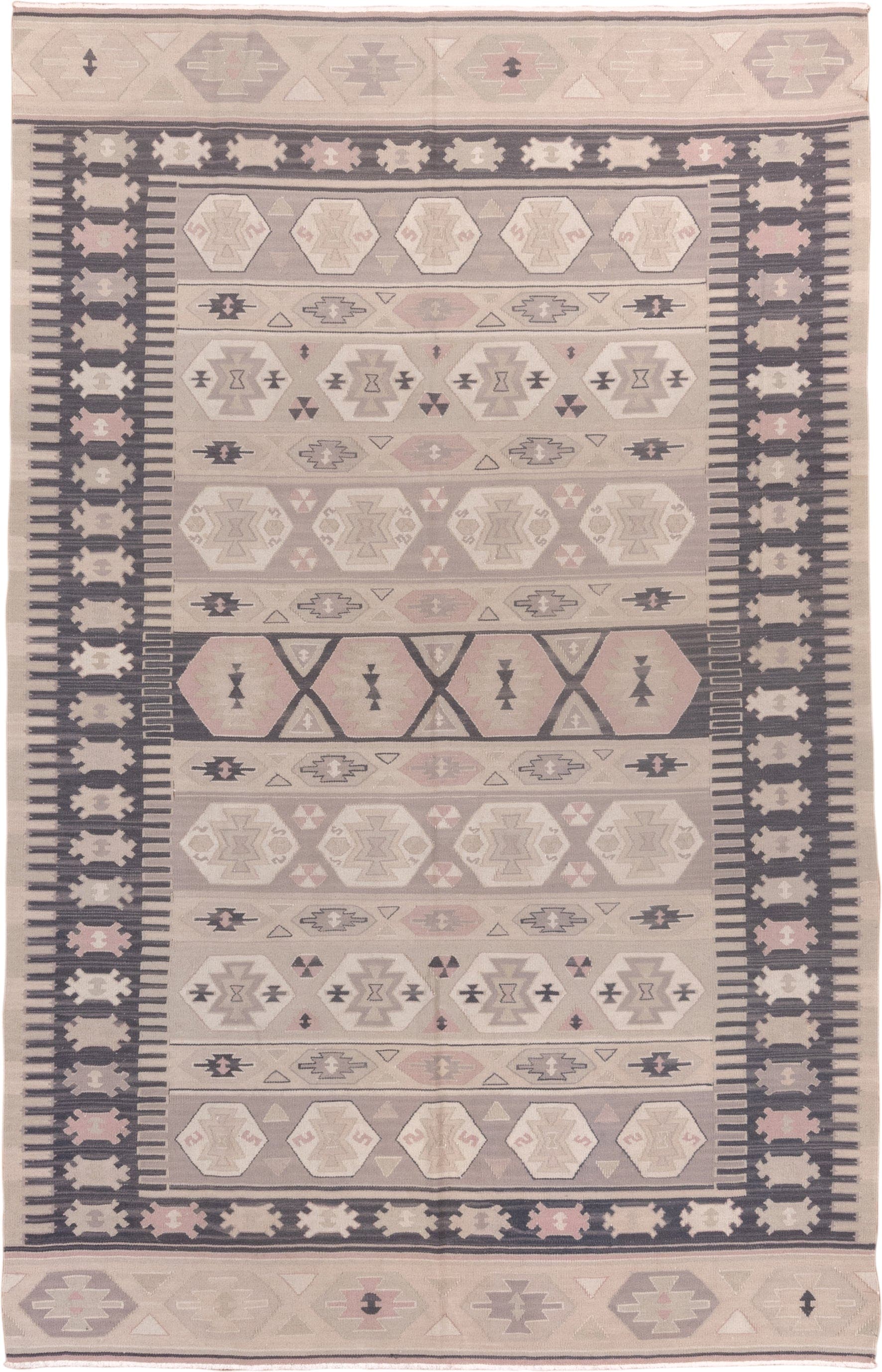 5' x 8' one-of-a-kind handmade antique Kilim medium size rug. Color palette: ivory, taupe, charcoal, blush, beige, soft pink