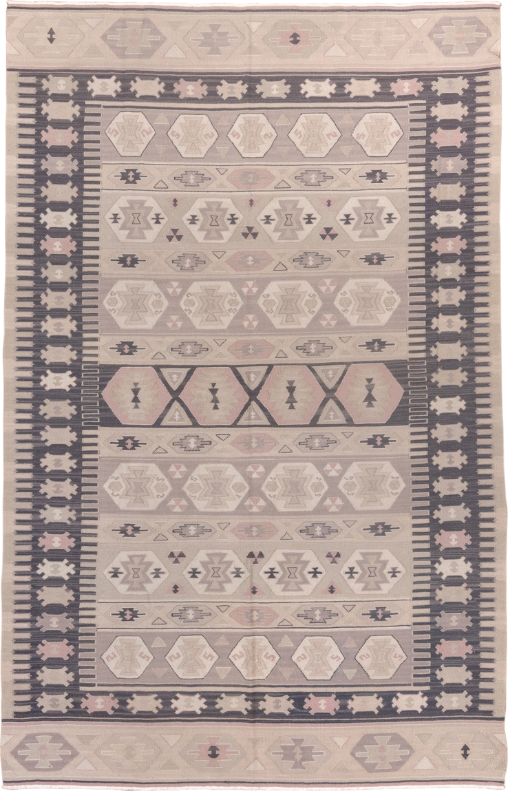 5' x 8' one-of-a-kind handmade antique Kilim medium size rug. Color palette: ivory, taupe, charcoal, blush, beige, soft pink