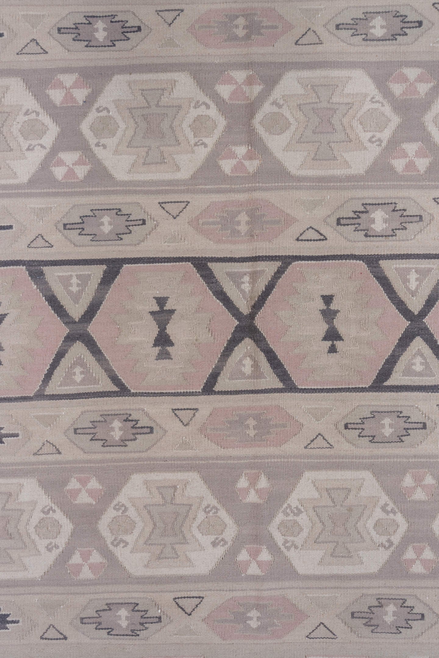 5' x 8' one-of-a-kind handmade antique Kilim medium size rug. Color palette: ivory, taupe, charcoal, blush, beige, soft pink
