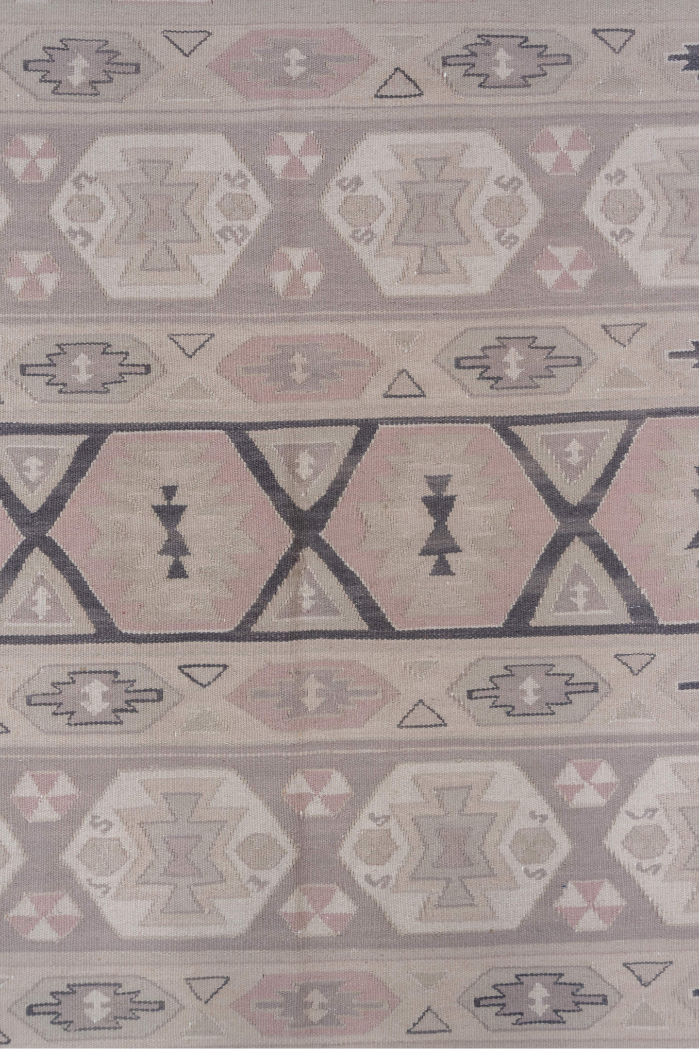 5' x 8' one-of-a-kind handmade antique Kilim medium size rug. Color palette: ivory, taupe, charcoal, blush, beige, soft pink