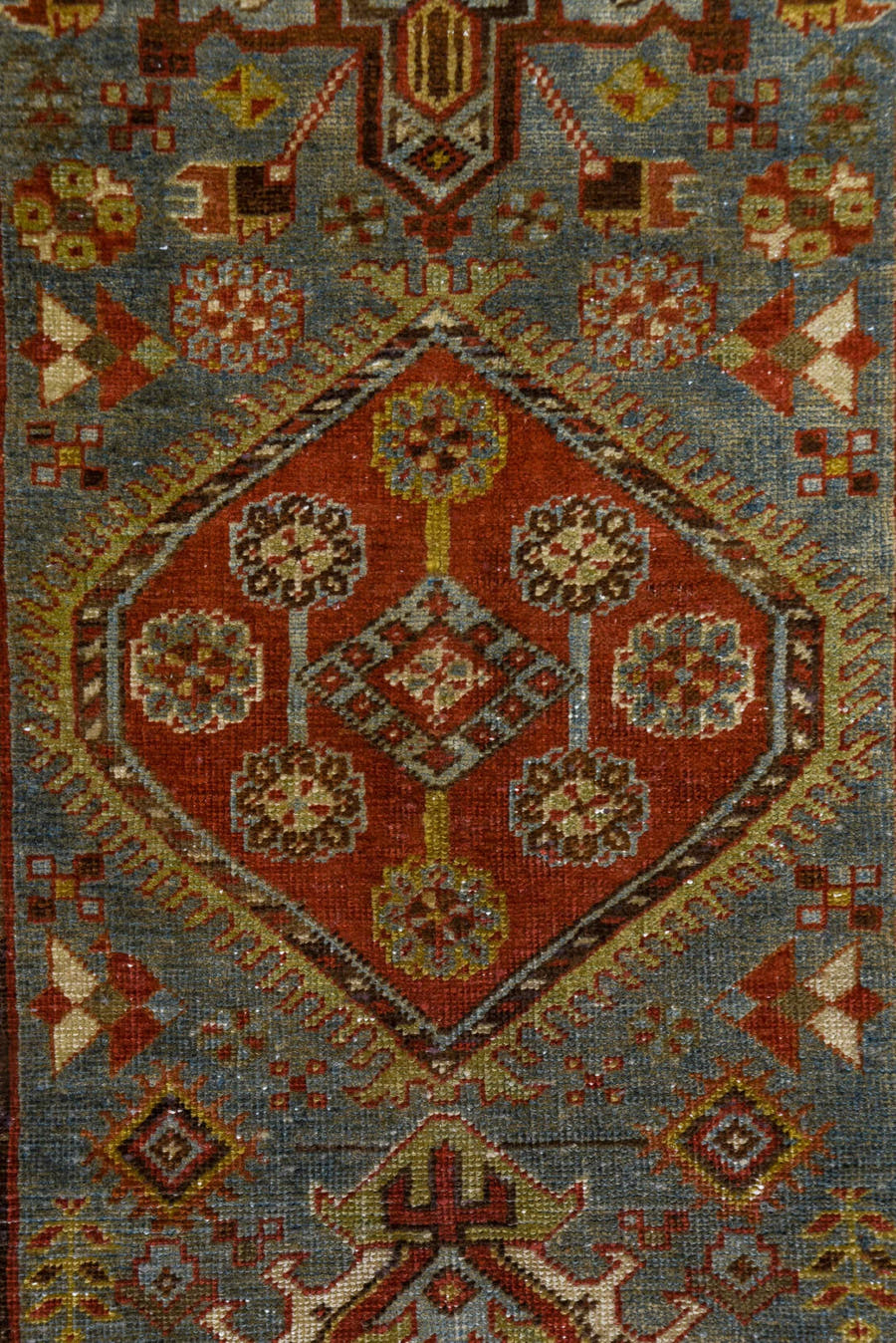 3' x 18' one-of-a-kind handmade antique Heriz runner rug. Color palette: rust, sky blue, ivory, brick, taupe, brown, slate