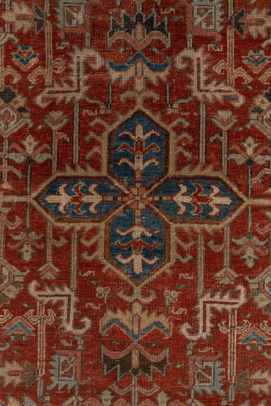 3' x 7' one-of-a-kind handmade antique Heriz rug. Color palette: rust, sky blue, ivory, taupe, slate, camel, charcoal