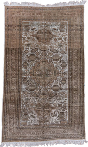 5' x 8' one-of-a-kind handmade antique Kaisary medium size rug. Color palette: taupe, ivory, brown, camel, beige, charcoal