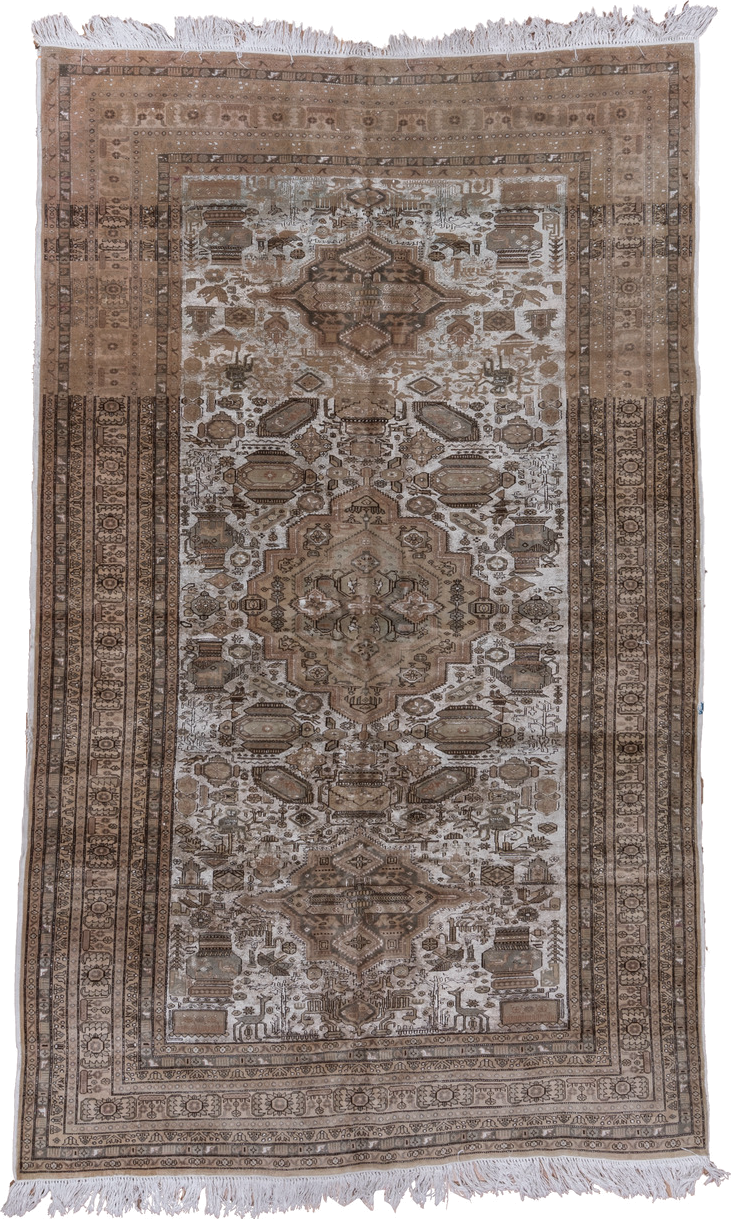 5' x 8' one-of-a-kind handmade antique Kaisary medium size rug. Color palette: taupe, ivory, brown, camel, beige, charcoal