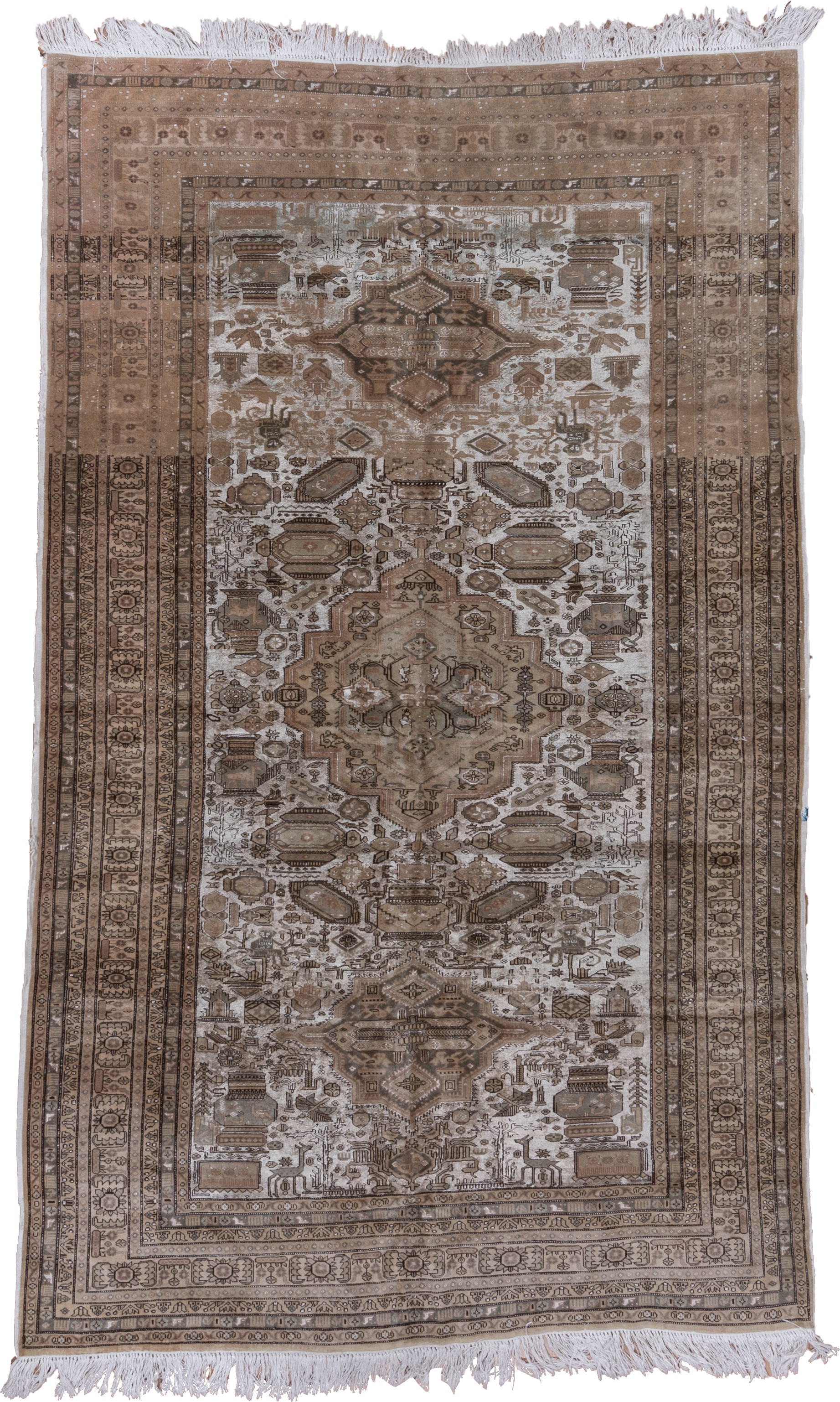 5' x 8' one-of-a-kind handmade antique Kaisary medium size rug. Color palette: taupe, ivory, brown, camel, beige, charcoal
