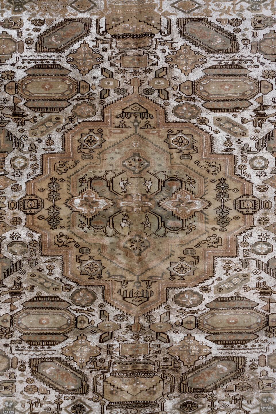 5' x 8' one-of-a-kind handmade antique Kaisary medium size rug. Color palette: taupe, ivory, brown, camel, beige, charcoal