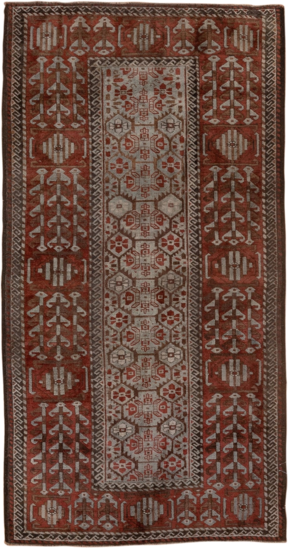 2' x 5' one-of-a-kind handmade antique Belouch small size rug. Color palette: rust, ivory, brown, camel, charcoal