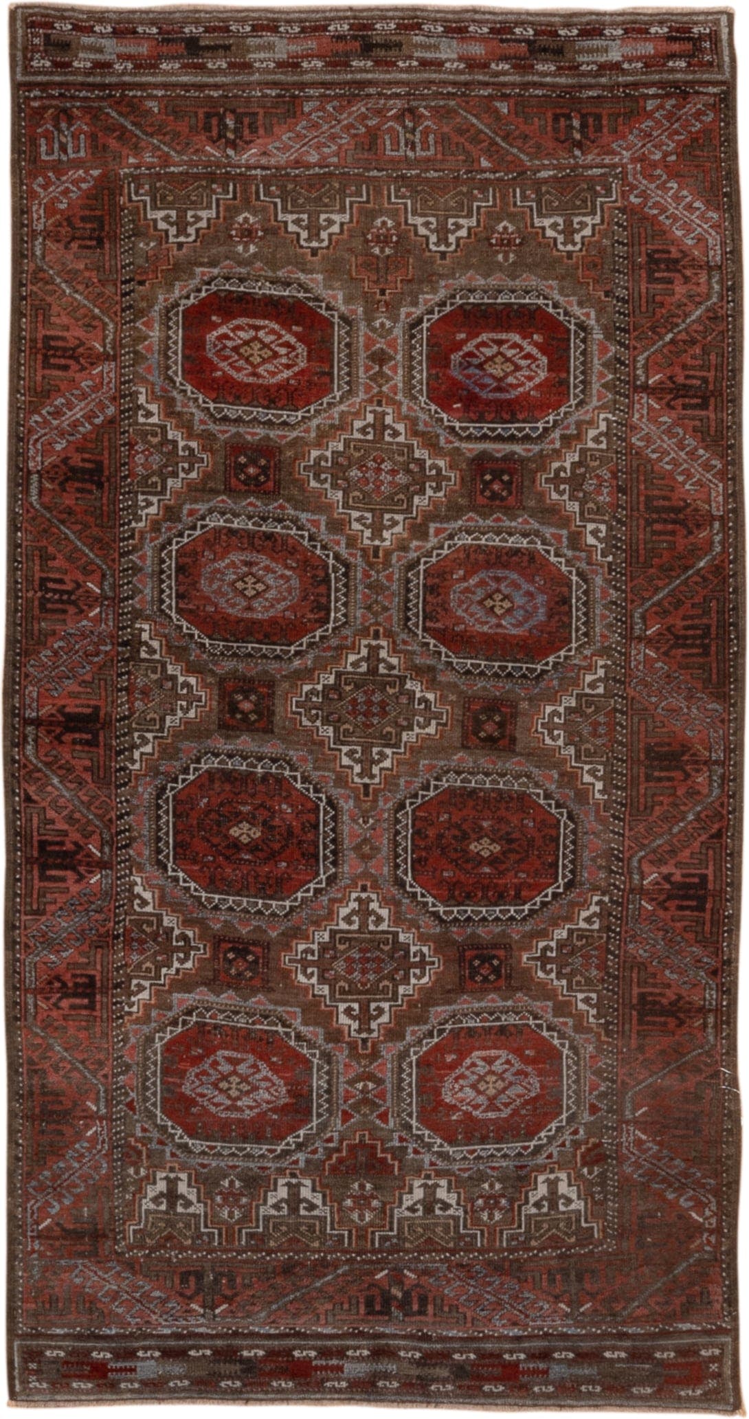 3' x 6' one-of-a-kind handmade vintage Belouch small size rug. Color palette: rust, brown, mahogany, ivory, charcoal, taupe