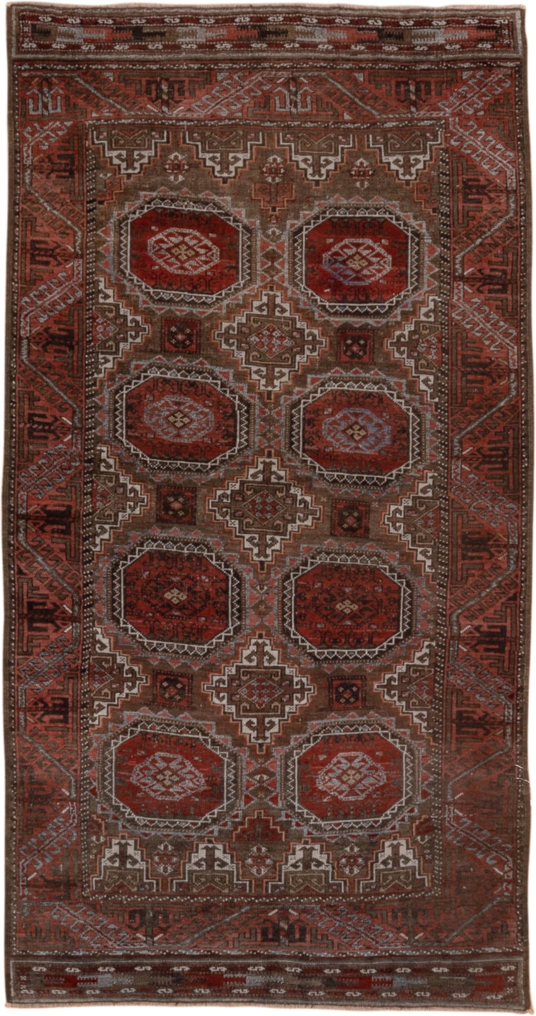 3' x 6' one-of-a-kind handmade vintage Belouch small size rug. Color palette: rust, brown, mahogany, ivory, charcoal, taupe
