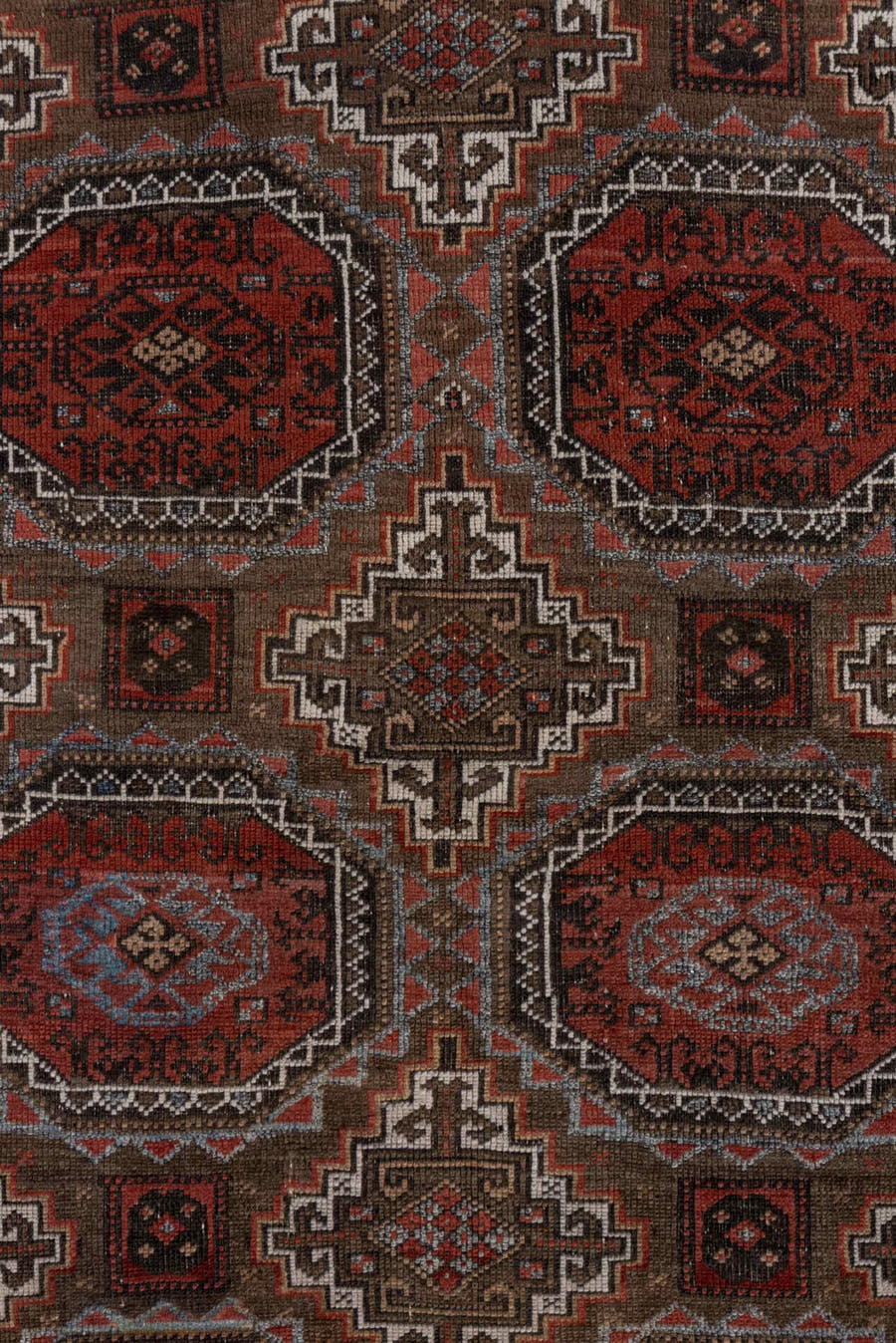 3' x 6' one-of-a-kind handmade vintage Belouch small size rug. Color palette: rust, brown, mahogany, ivory, charcoal, taupe