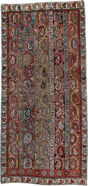 3' x 6' one-of-a-kind handmade antique Caucasian small size rug. Color palette: rust, ivory, camel, sky_blue, rose, slate
