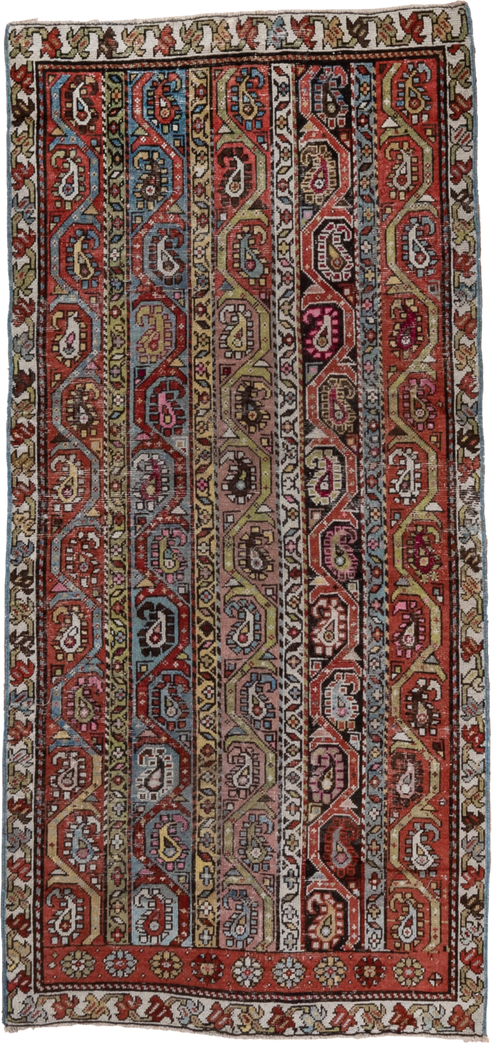 3' x 6' one-of-a-kind handmade antique Caucasian small size rug. Color palette: rust, ivory, camel, sky_blue, rose, slate