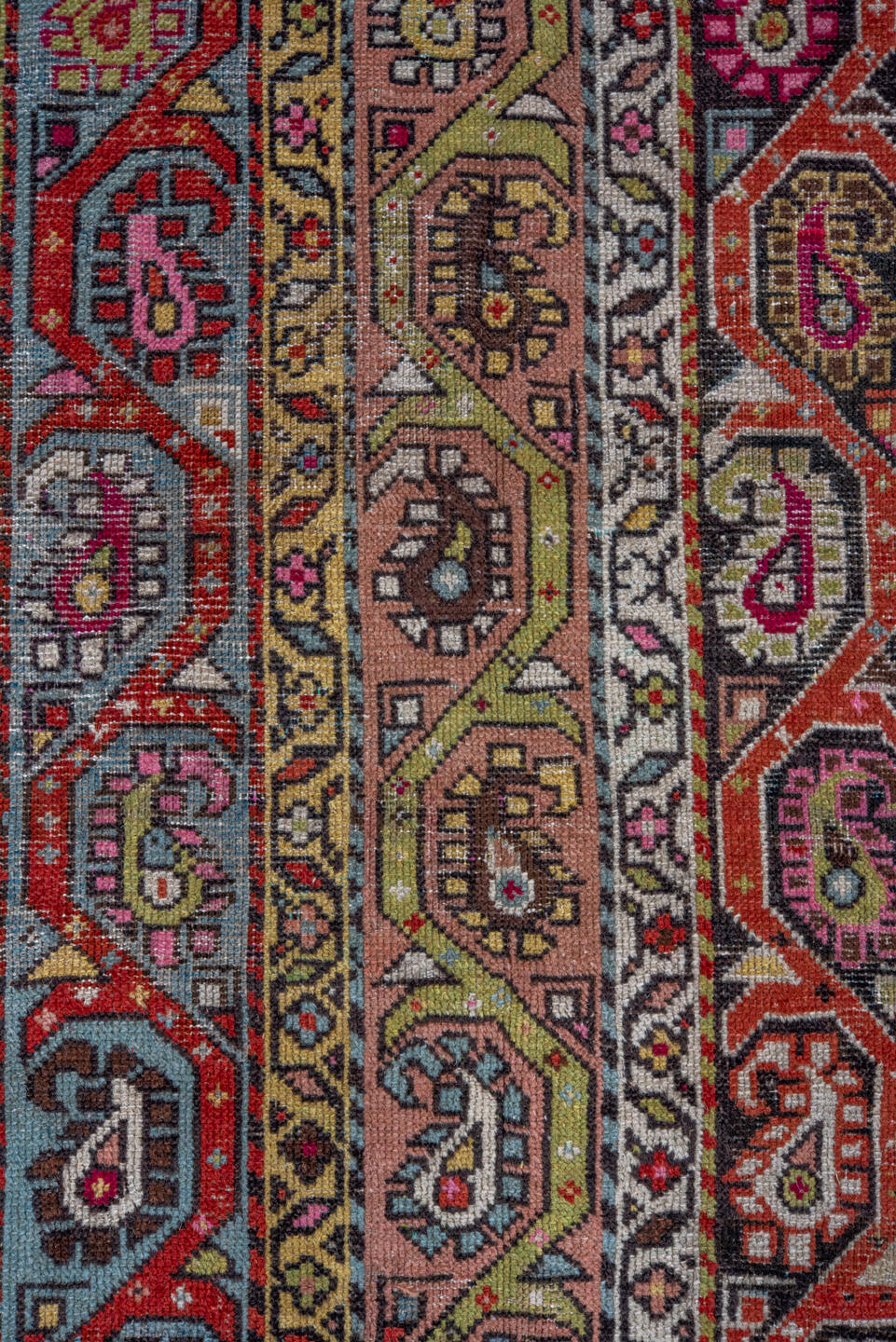 3' x 6' one-of-a-kind handmade antique Caucasian small size rug. Color palette: rust, ivory, camel, sky_blue, rose, slate