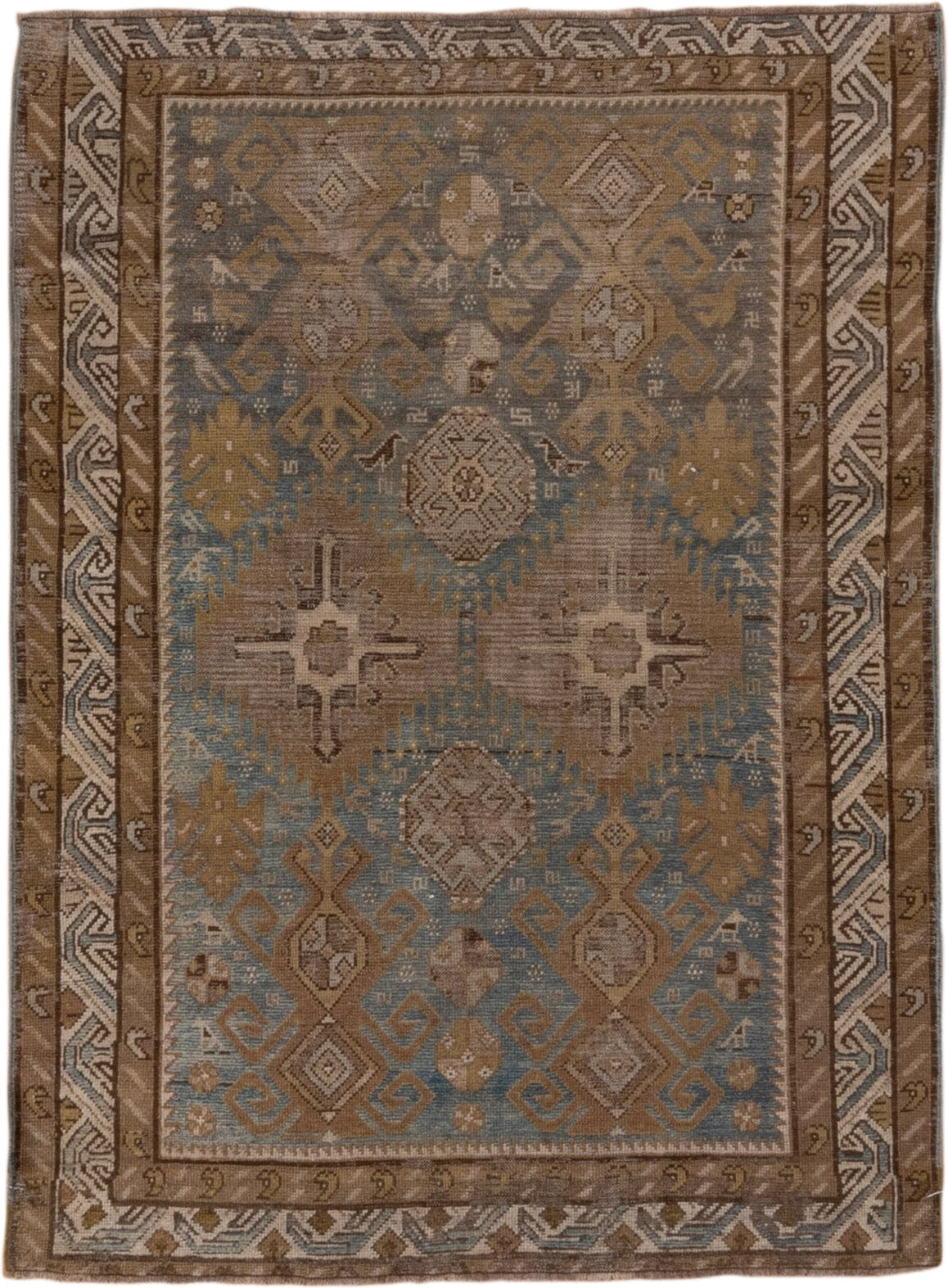 3' x 4' one-of-a-kind handmade antique Shirvan small size rug. Color palette: brown, blue, taupe, ivory, camel, slate, beige