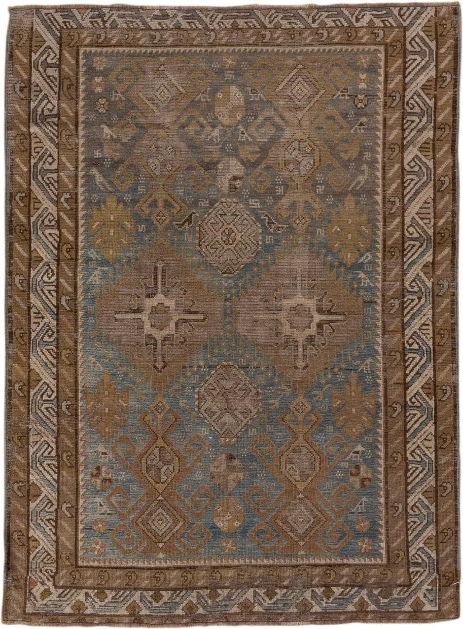 3' x 4' one-of-a-kind handmade antique Shirvan small size rug. Color palette: brown, blue, taupe, ivory, camel, slate, beige