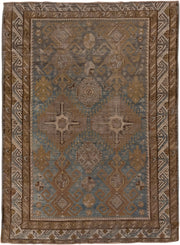 3' x 4' one-of-a-kind handmade antique Shirvan small size rug. Color palette: brown, blue, taupe, ivory, camel, slate, beige