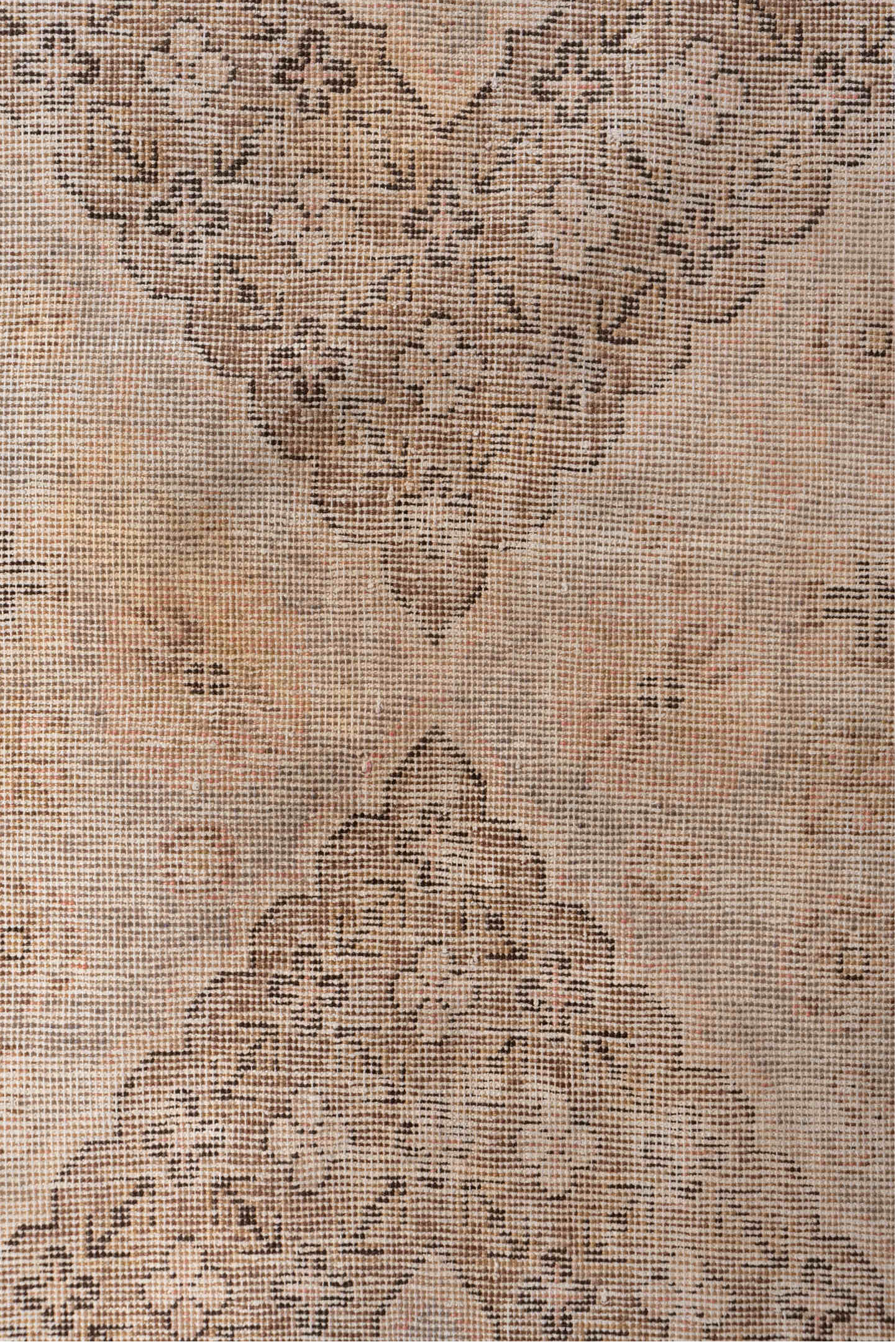 4' x 7' one-of-a-kind handmade vintage Khotan rug. Color palette: brown, gray, light gray, off-white, orange, pink, snow