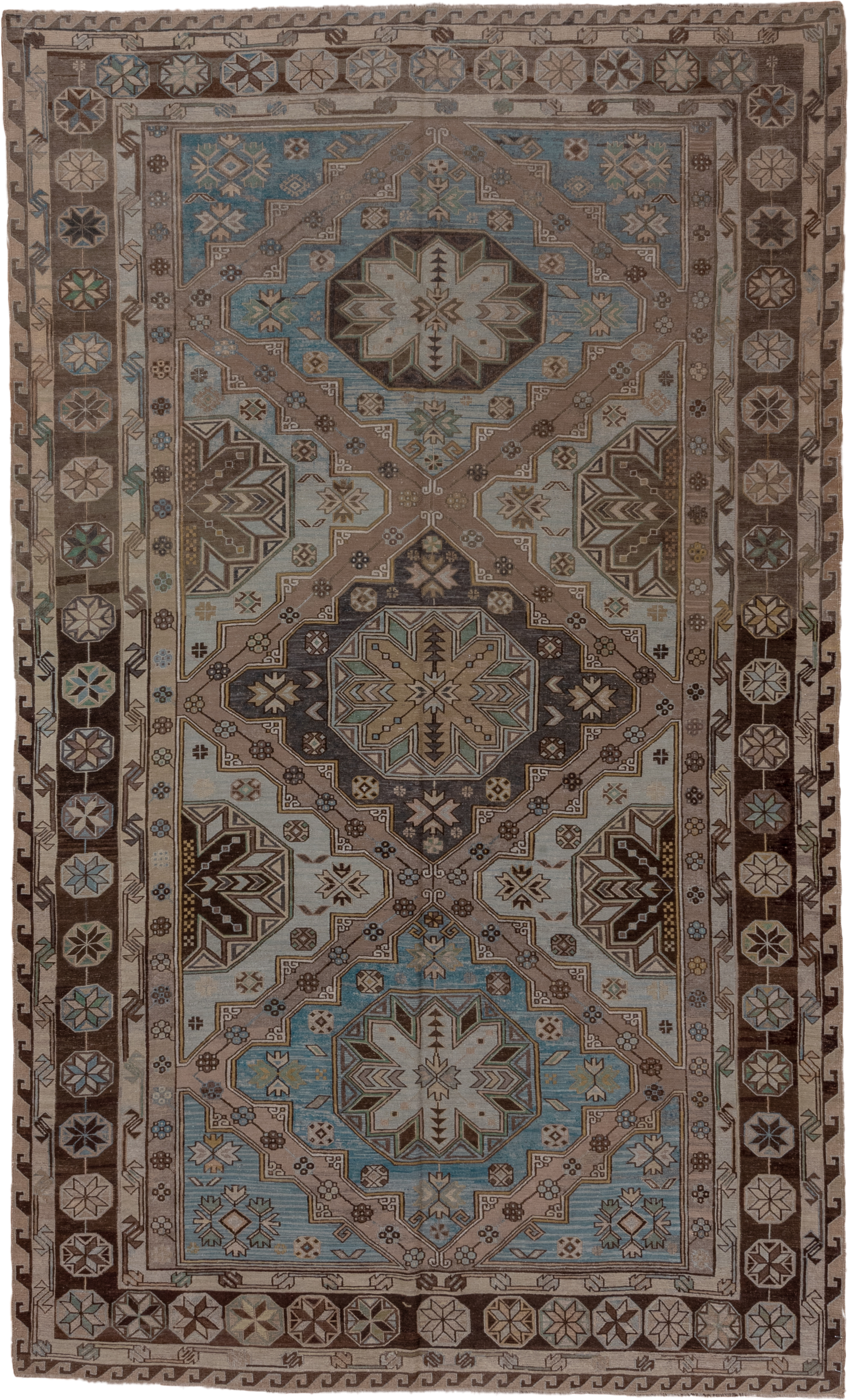 7' x 11' one-of-a-kind handmade antique Sumak large size rug. Color palette: taupe, brown, sky_blue, ivory, camel, charcoal