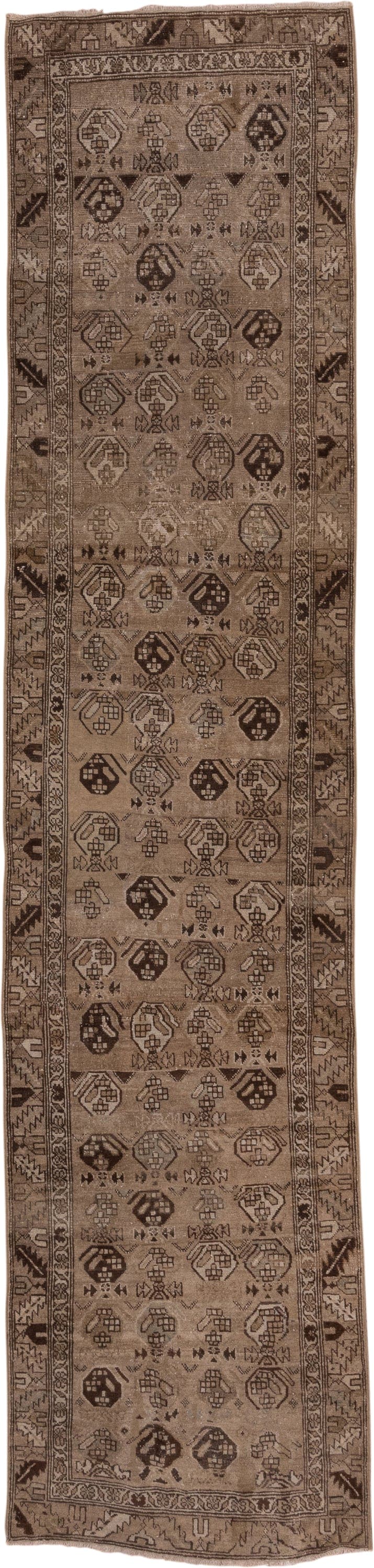 3' x 13' one-of-a-kind handmade antique NW Persian runner rug. Color palette: taupe, brown, charcoal, camel, beige, gray