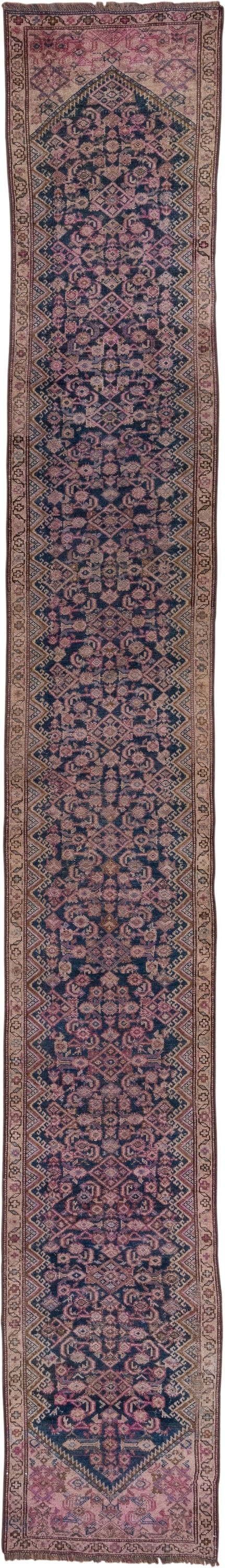 2' x 16' one-of-a-kind handmade antique NW Persian runner rug. Color palette: navy, rose, ivory, dusty pink, taupe, burgundy