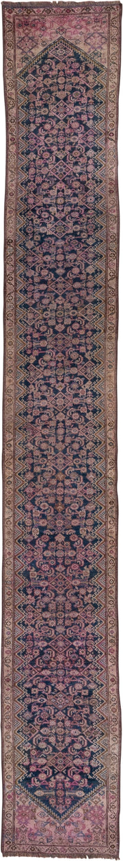 2' x 16' one-of-a-kind handmade antique NW Persian runner rug. Color palette: navy, rose, ivory, dusty pink, taupe, burgundy