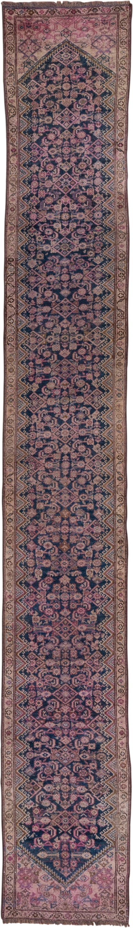 2' x 16' one-of-a-kind handmade antique NW Persian runner rug. Color palette: navy, rose, ivory, dusty pink, taupe, burgundy