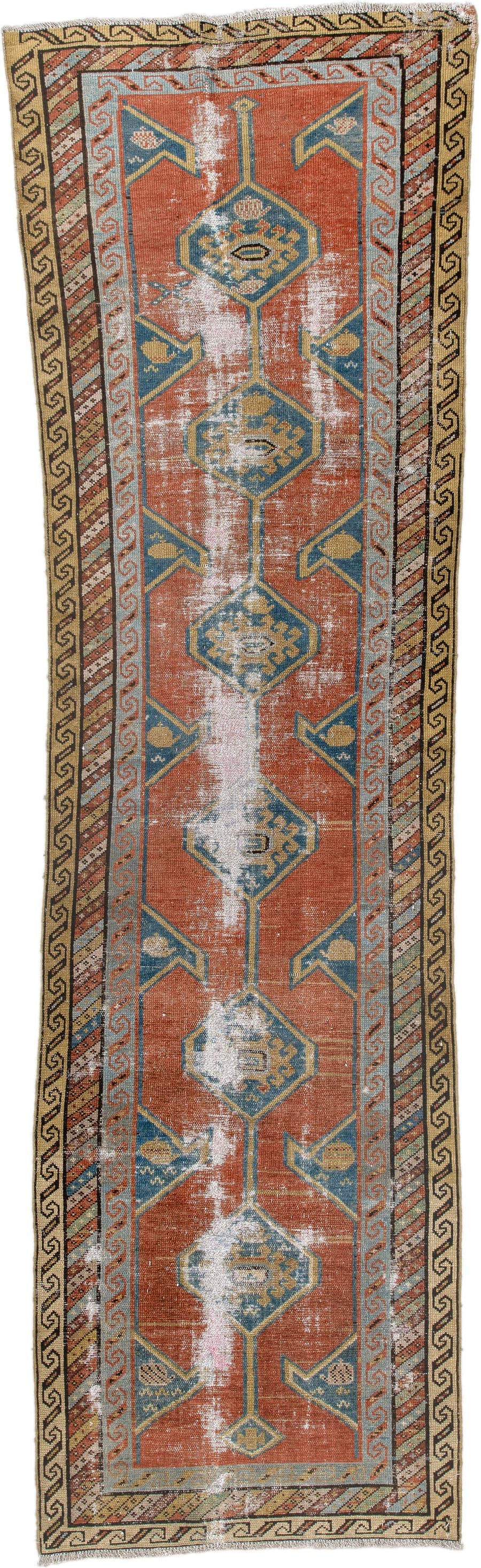 2' x 10' one-of-a-kind handmade antique NW Persian runner rug. Color palette: terra cotta, blue, ivory, camel, taupe, sage