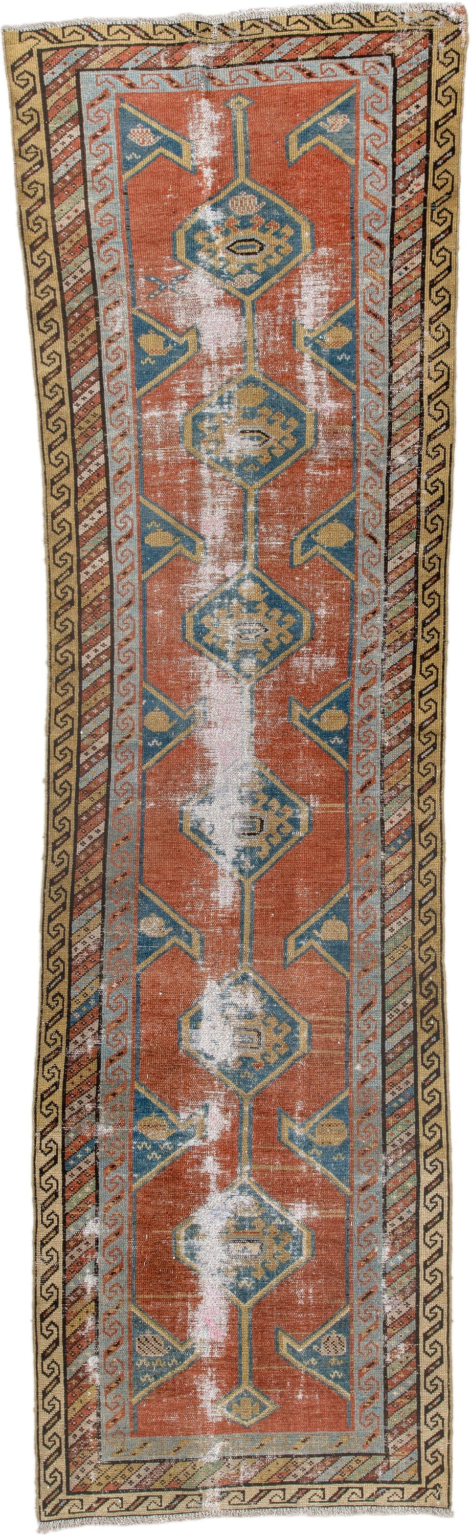 2' x 10' one-of-a-kind handmade antique NW Persian runner rug. Color palette: terra cotta, blue, ivory, camel, taupe, sage